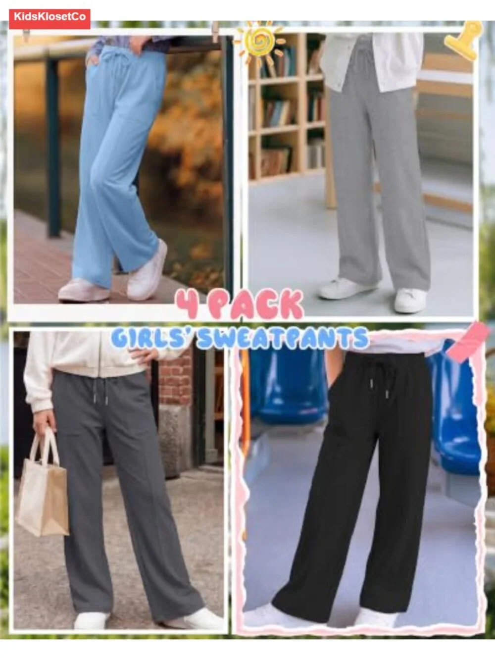 Girls Sweatpants 4 Pack Wide Leg Loose Fit Drawstring 95% Polyester 5% Spandex